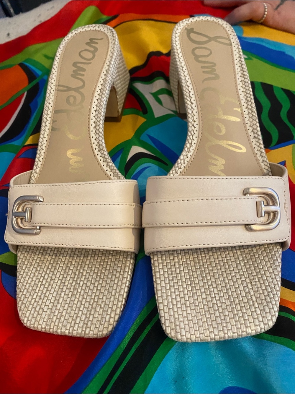 Sam Edelman Cream Woven Square-Toe Block Heel Slides